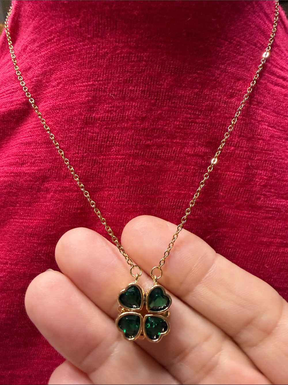 Gold-Tone Four-Leaf Clover Necklace with Emerald Green Stones